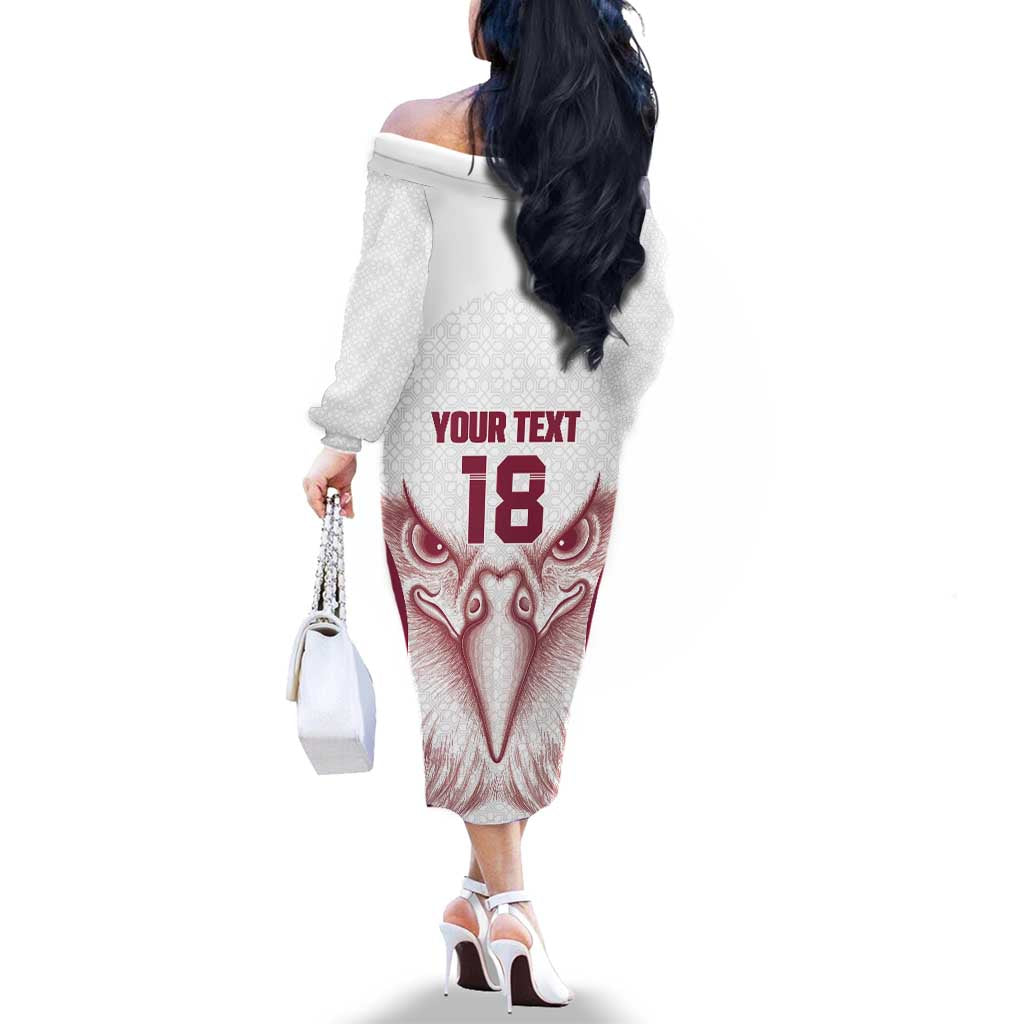 Custom Qatar Football Family Matching Off The Shoulder Long Sleeve Dress and Hawaiian Shirt Maroon Falcon Spirit White Version - Wonder Print Shop