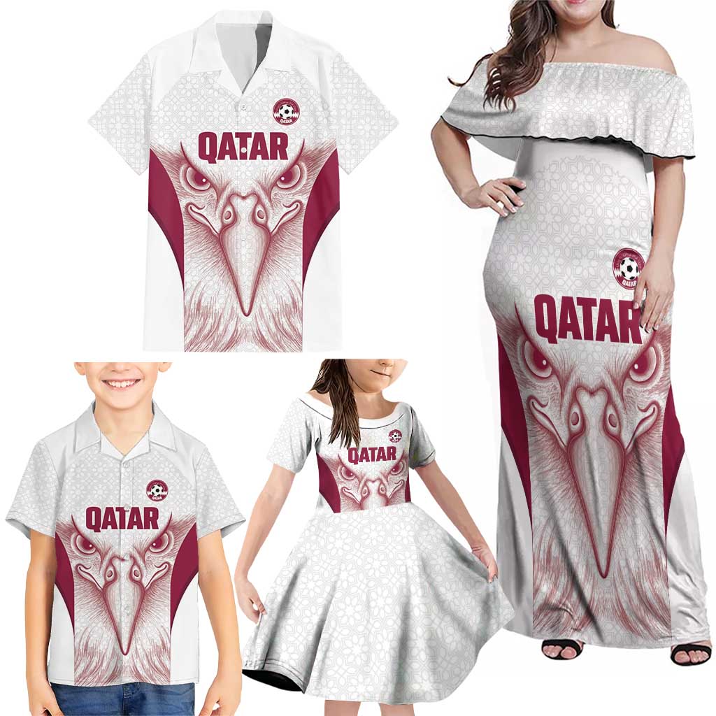 Custom Qatar Football Family Matching Off Shoulder Maxi Dress and Hawaiian Shirt Maroon Falcon Spirit White Version - Wonder Print Shop