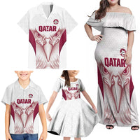 Custom Qatar Football Family Matching Off Shoulder Maxi Dress and Hawaiian Shirt Maroon Falcon Spirit White Version - Wonder Print Shop