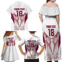 Custom Qatar Football Family Matching Off Shoulder Maxi Dress and Hawaiian Shirt Maroon Falcon Spirit White Version - Wonder Print Shop