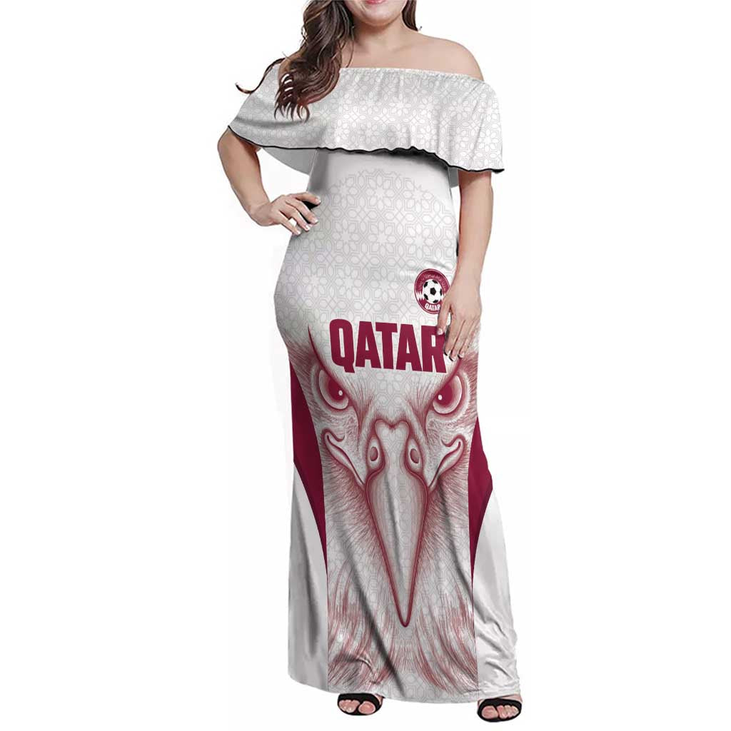 Custom Qatar Football Family Matching Off Shoulder Maxi Dress and Hawaiian Shirt Maroon Falcon Spirit White Version - Wonder Print Shop