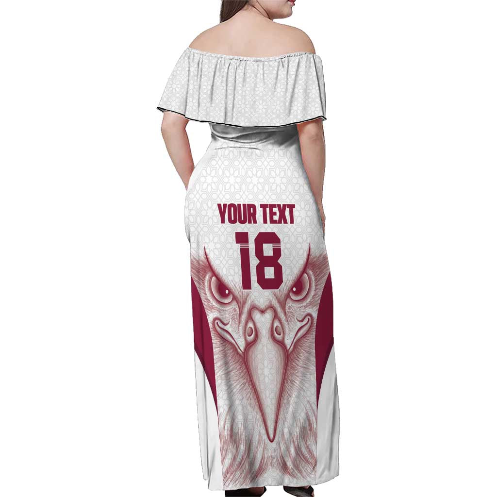 Custom Qatar Football Family Matching Off Shoulder Maxi Dress and Hawaiian Shirt Maroon Falcon Spirit White Version - Wonder Print Shop