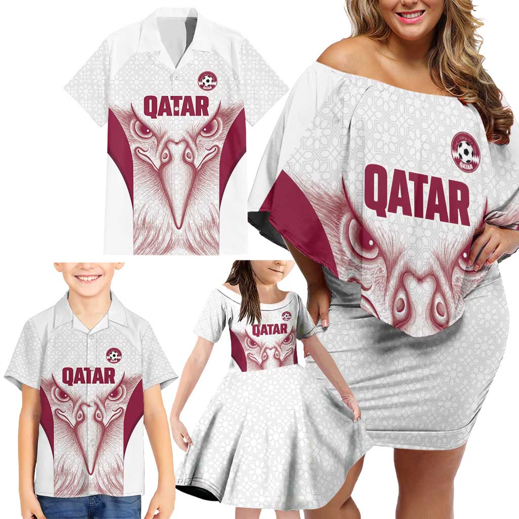 Custom Qatar Football Family Matching Off Shoulder Short Dress and Hawaiian Shirt Maroon Falcon Spirit White Version - Wonder Print Shop