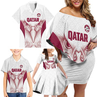 Custom Qatar Football Family Matching Off Shoulder Short Dress and Hawaiian Shirt Maroon Falcon Spirit White Version - Wonder Print Shop
