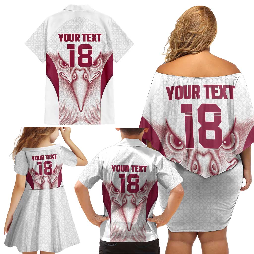 Custom Qatar Football Family Matching Off Shoulder Short Dress and Hawaiian Shirt Maroon Falcon Spirit White Version - Wonder Print Shop