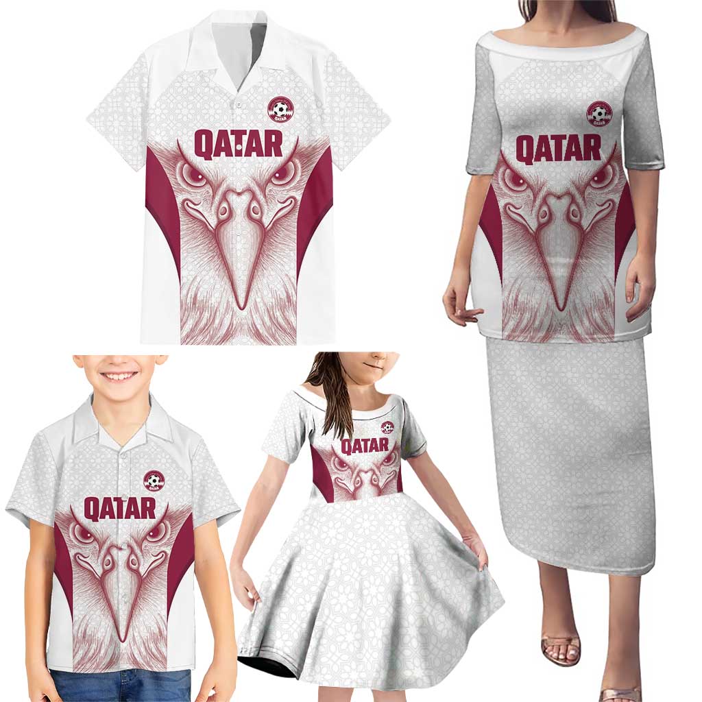Custom Qatar Football Family Matching Puletasi and Hawaiian Shirt Maroon Falcon Spirit White Version - Wonder Print Shop