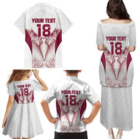 Custom Qatar Football Family Matching Puletasi and Hawaiian Shirt Maroon Falcon Spirit White Version - Wonder Print Shop