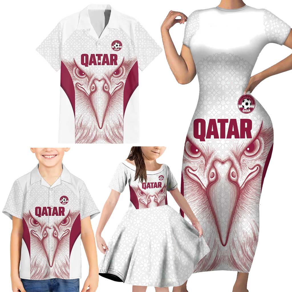 Custom Qatar Football Family Matching Short Sleeve Bodycon Dress and Hawaiian Shirt Maroon Falcon Spirit White Version - Wonder Print Shop