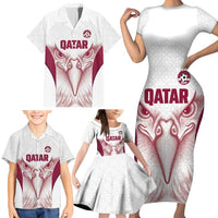 Custom Qatar Football Family Matching Short Sleeve Bodycon Dress and Hawaiian Shirt Maroon Falcon Spirit White Version - Wonder Print Shop