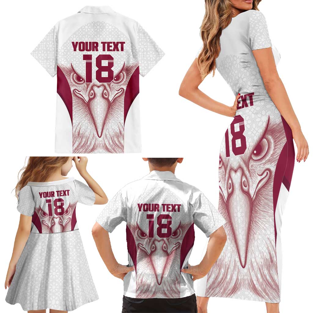 Custom Qatar Football Family Matching Short Sleeve Bodycon Dress and Hawaiian Shirt Maroon Falcon Spirit White Version - Wonder Print Shop