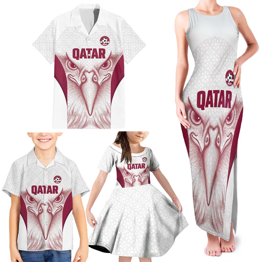 Custom Qatar Football Family Matching Tank Maxi Dress and Hawaiian Shirt Maroon Falcon Spirit White Version - Wonder Print Shop