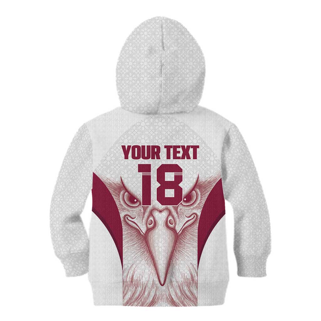 Custom Qatar Football Kid Hoodie Maroon Falcon Spirit White Version - Wonder Print Shop