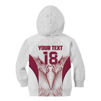 Custom Qatar Football Kid Hoodie Maroon Falcon Spirit White Version - Wonder Print Shop