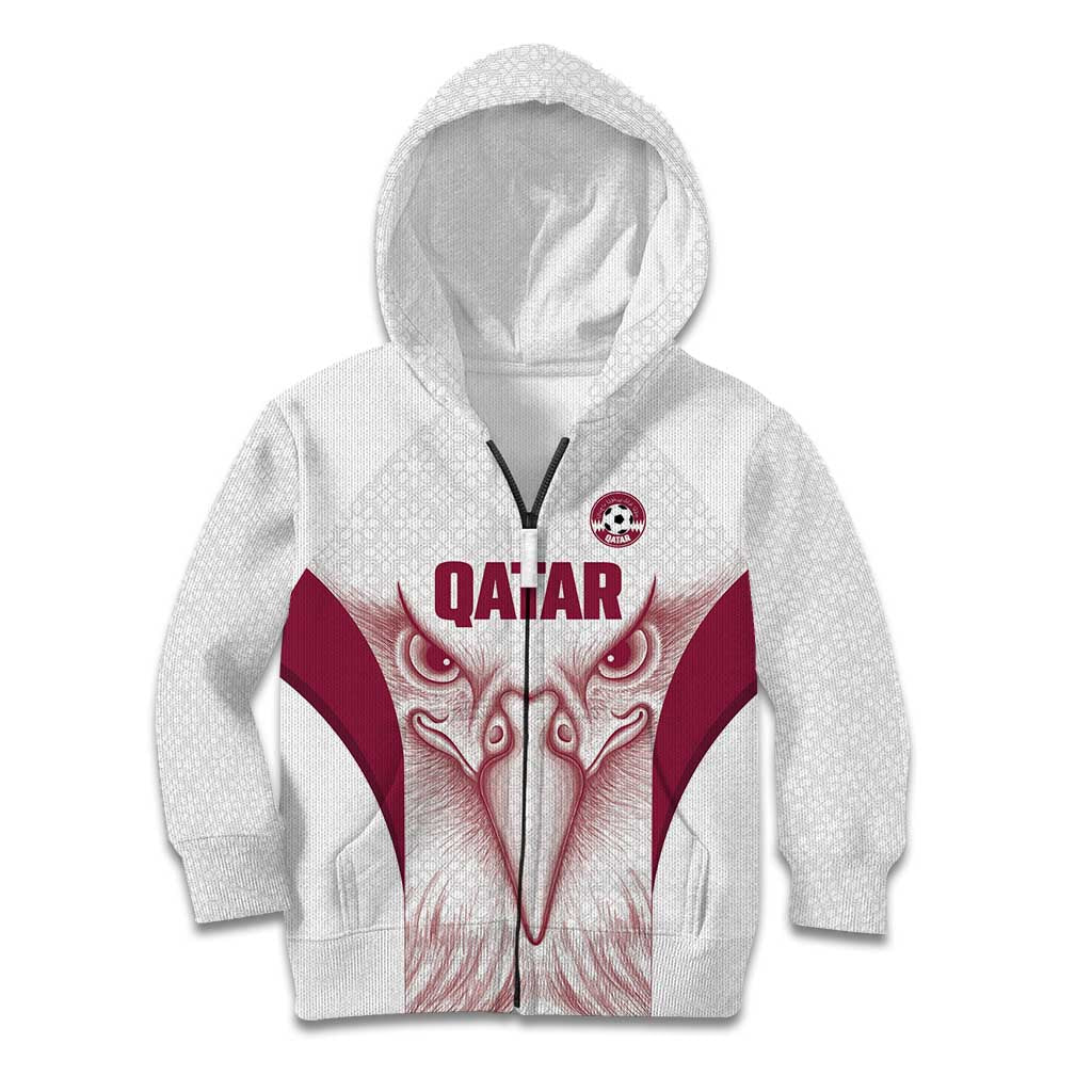 Custom Qatar Football Kid Hoodie Maroon Falcon Spirit White Version - Wonder Print Shop