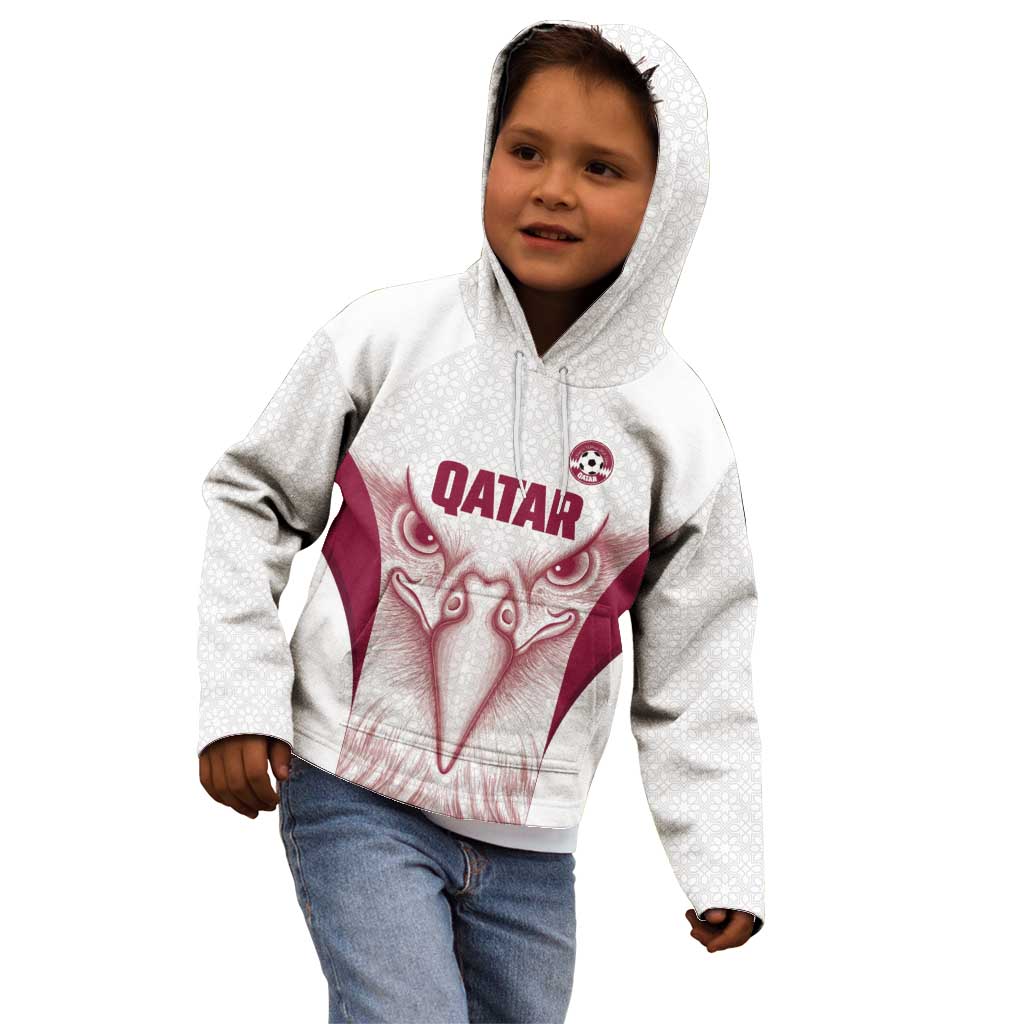 Custom Qatar Football Kid Hoodie Maroon Falcon Spirit White Version - Wonder Print Shop