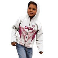 Custom Qatar Football Kid Hoodie Maroon Falcon Spirit White Version - Wonder Print Shop