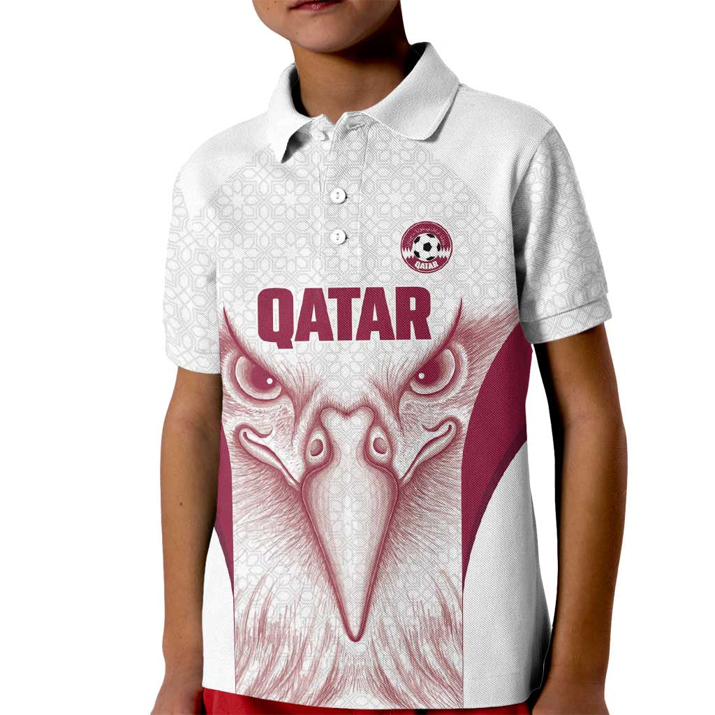 Custom Qatar Football Kid Polo Shirt Maroon Falcon Spirit White Version - Wonder Print Shop