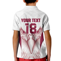 Custom Qatar Football Kid Polo Shirt Maroon Falcon Spirit White Version - Wonder Print Shop