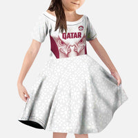 Custom Qatar Football Kid Short Sleeve Dress Maroon Falcon Spirit White Version - Wonder Print Shop