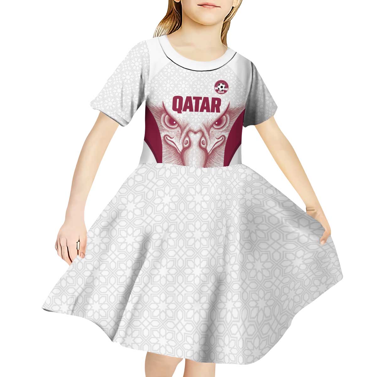 Custom Qatar Football Kid Short Sleeve Dress Maroon Falcon Spirit White Version - Wonder Print Shop