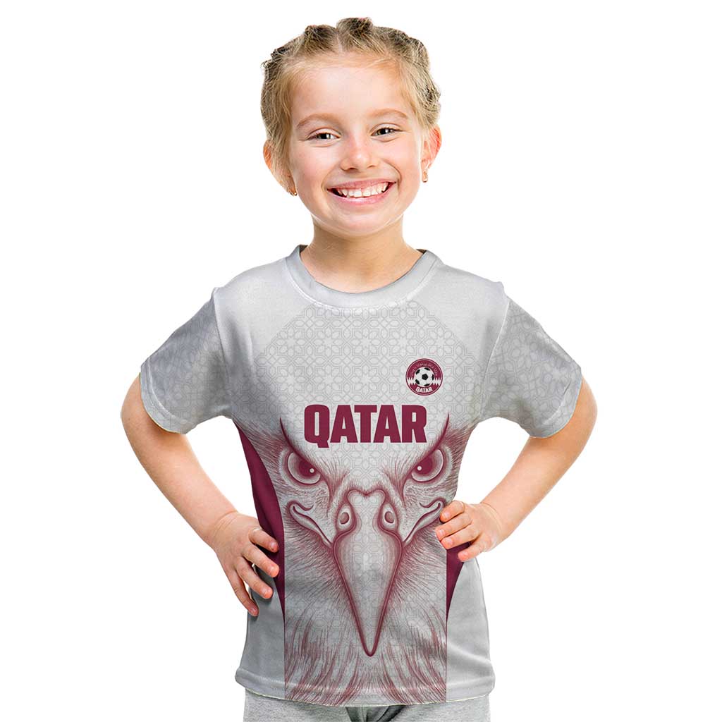 Custom Qatar Football Kid T Shirt Maroon Falcon Spirit White Version - Wonder Print Shop