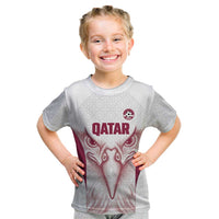 Custom Qatar Football Kid T Shirt Maroon Falcon Spirit White Version - Wonder Print Shop