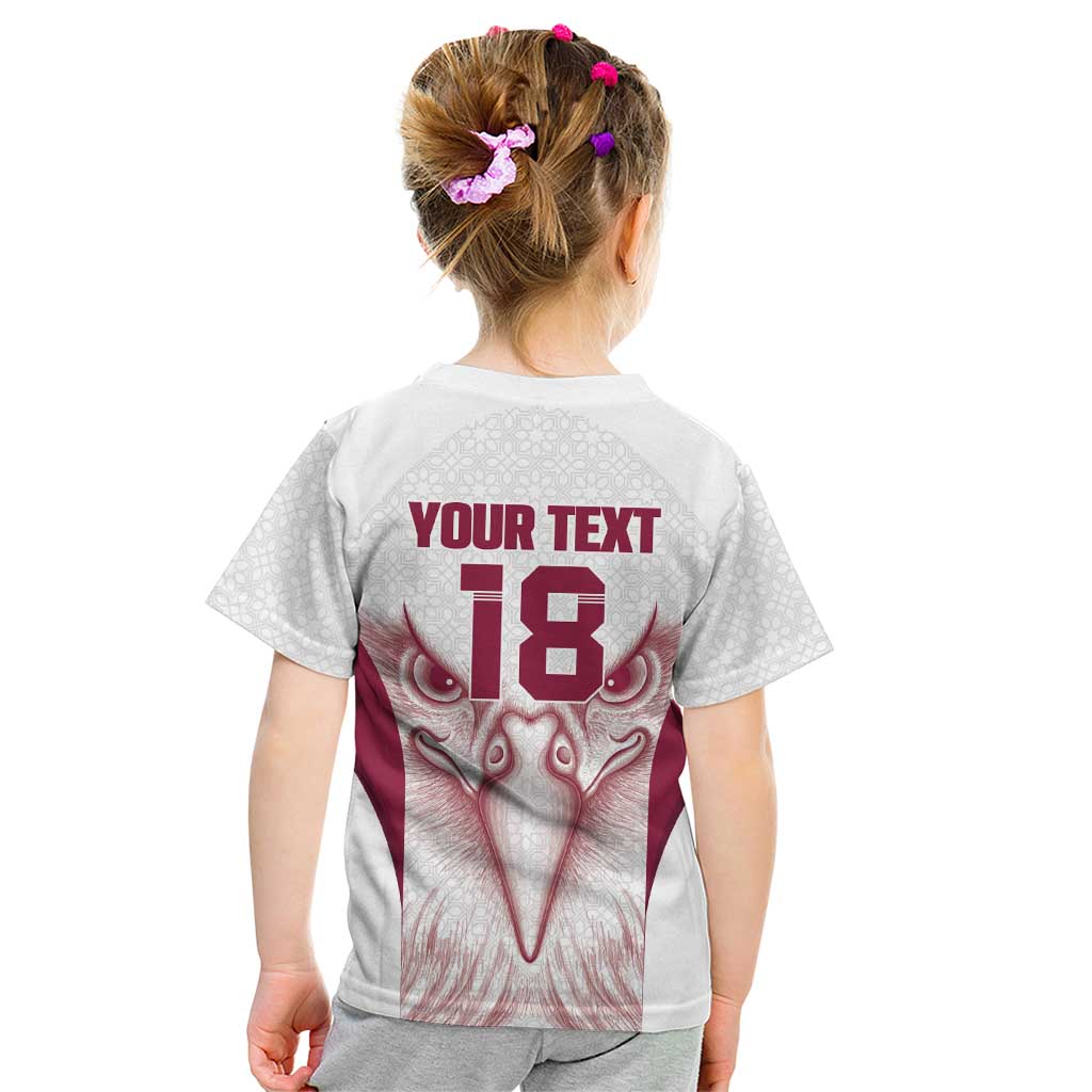 Custom Qatar Football Kid T Shirt Maroon Falcon Spirit White Version - Wonder Print Shop