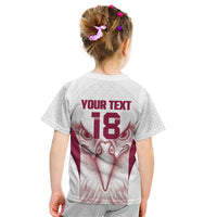 Custom Qatar Football Kid T Shirt Maroon Falcon Spirit White Version - Wonder Print Shop