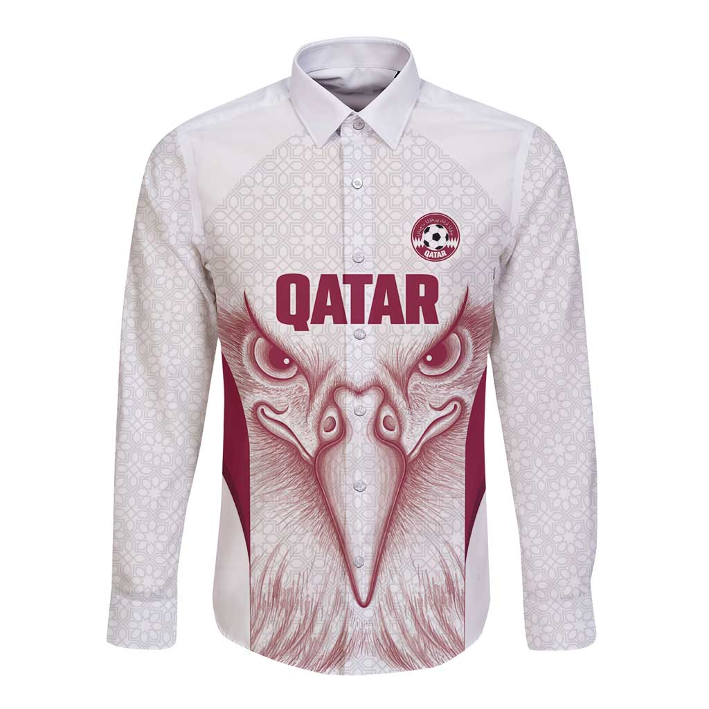 Custom Qatar Football Long Sleeve Button Shirt Maroon Falcon Spirit White Version - Wonder Print Shop