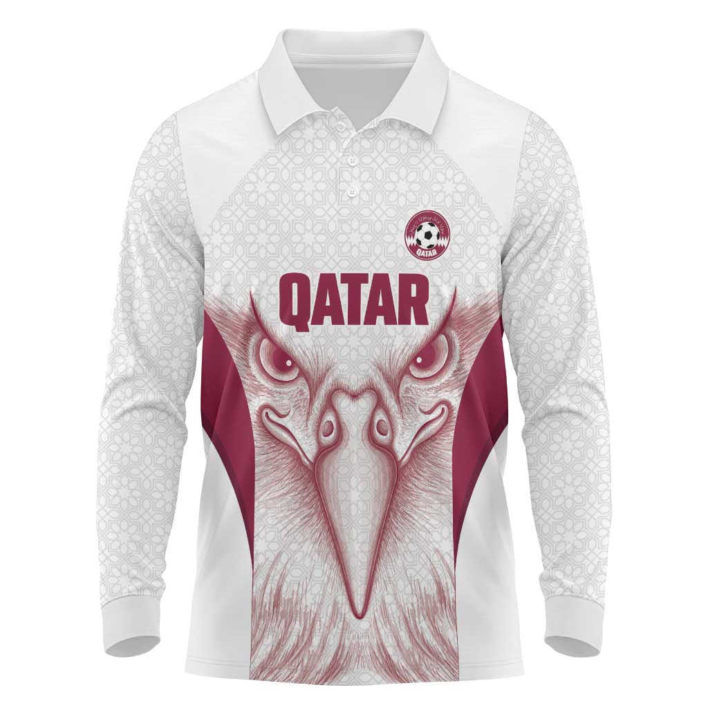 Custom Qatar Football Long Sleeve Polo Shirt Maroon Falcon Spirit White Version - Wonder Print Shop