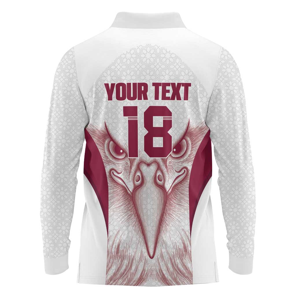 Custom Qatar Football Long Sleeve Polo Shirt Maroon Falcon Spirit White Version - Wonder Print Shop