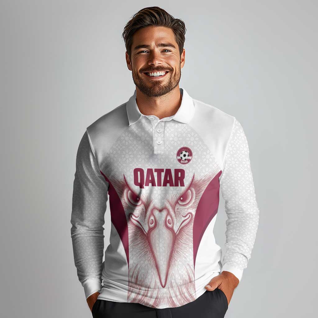 Custom Qatar Football Long Sleeve Polo Shirt Maroon Falcon Spirit White Version - Wonder Print Shop