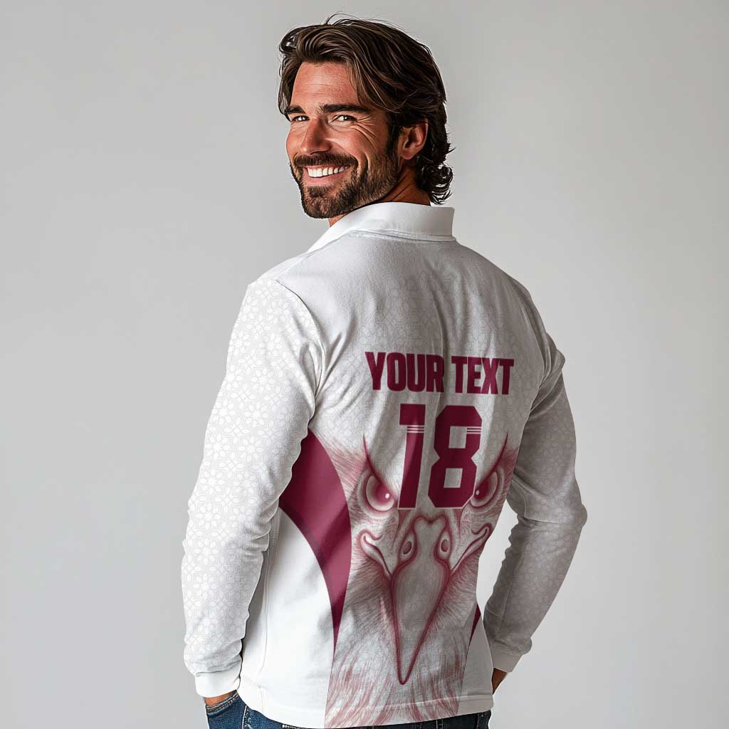Custom Qatar Football Long Sleeve Polo Shirt Maroon Falcon Spirit White Version - Wonder Print Shop