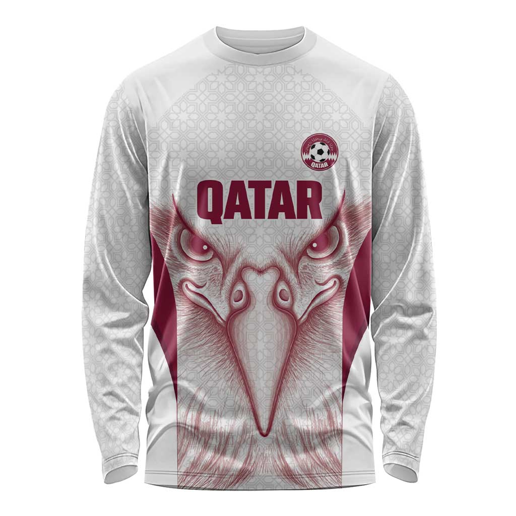 Custom Qatar Football Long Sleeve Shirt Maroon Falcon Spirit White Version - Wonder Print Shop