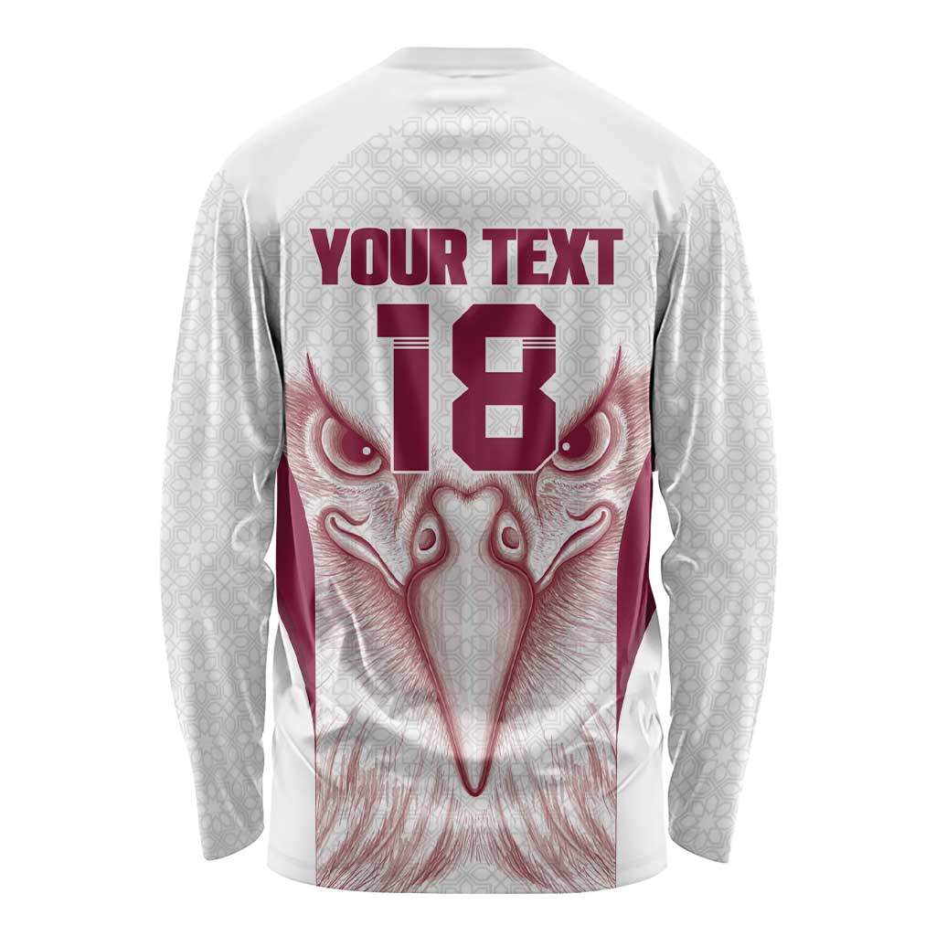 Custom Qatar Football Long Sleeve Shirt Maroon Falcon Spirit White Version - Wonder Print Shop