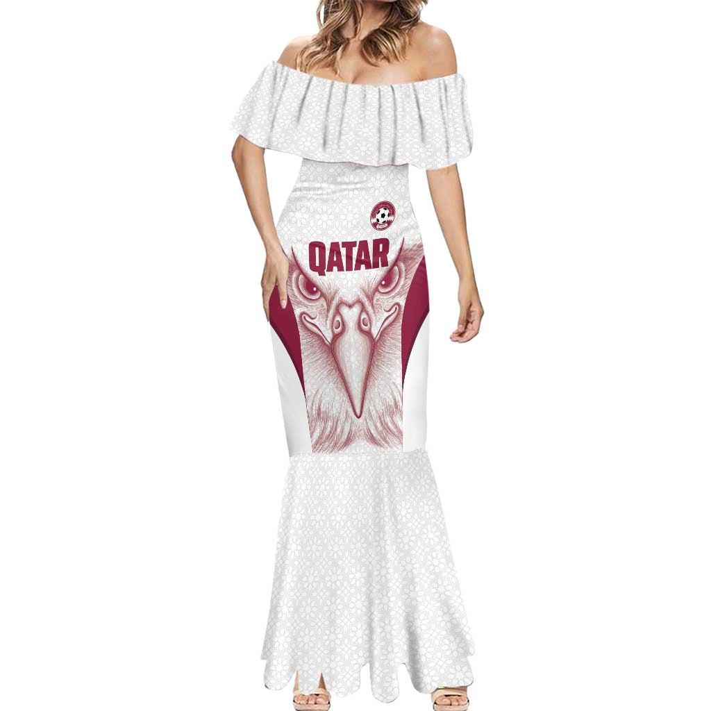 Custom Qatar Football Mermaid Dress Maroon Falcon Spirit White Version - Wonder Print Shop