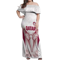Custom Qatar Football Off Shoulder Maxi Dress Maroon Falcon Spirit White Version - Wonder Print Shop