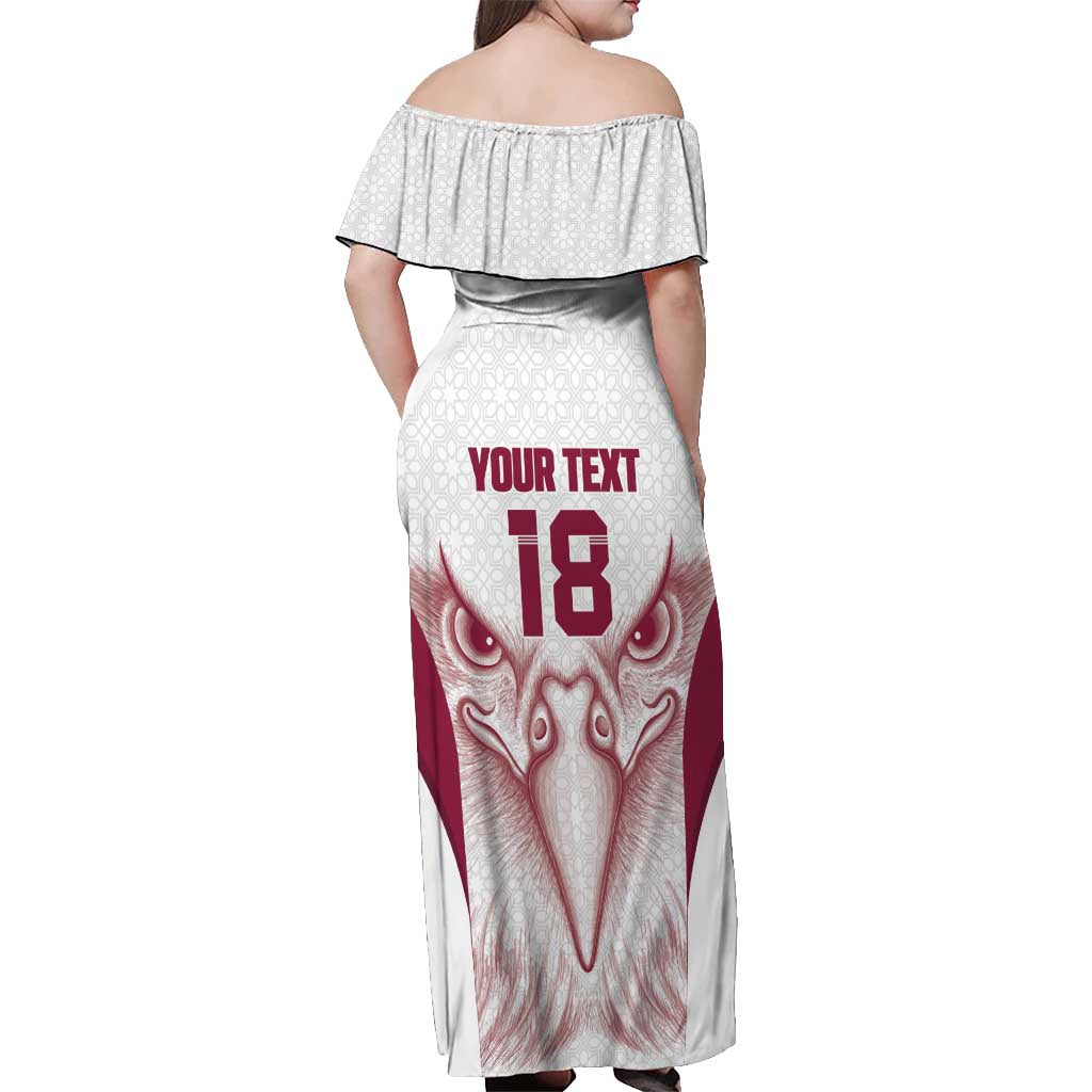 Custom Qatar Football Off Shoulder Maxi Dress Maroon Falcon Spirit White Version - Wonder Print Shop