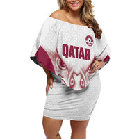 Custom Qatar Football Off Shoulder Short Dress Maroon Falcon Spirit White Version - Wonder Print Shop