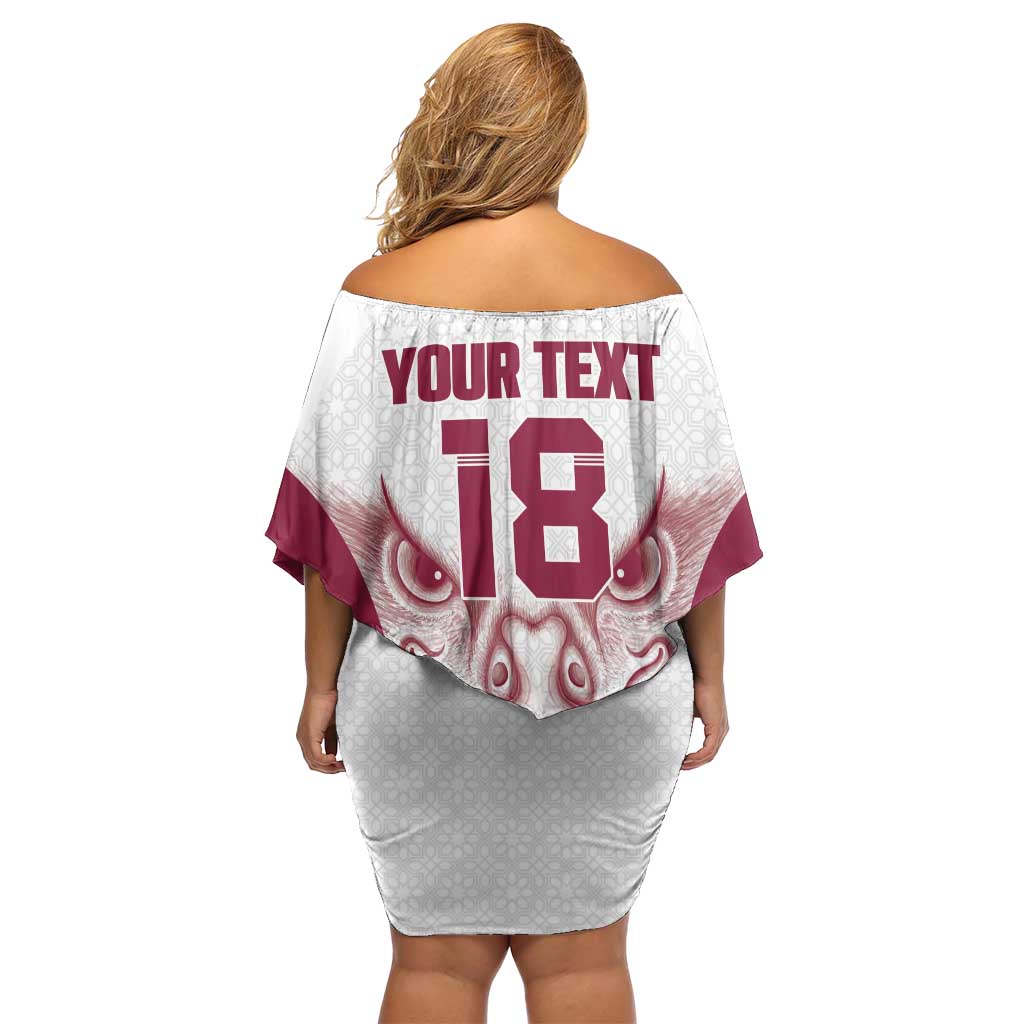 Custom Qatar Football Off Shoulder Short Dress Maroon Falcon Spirit White Version - Wonder Print Shop