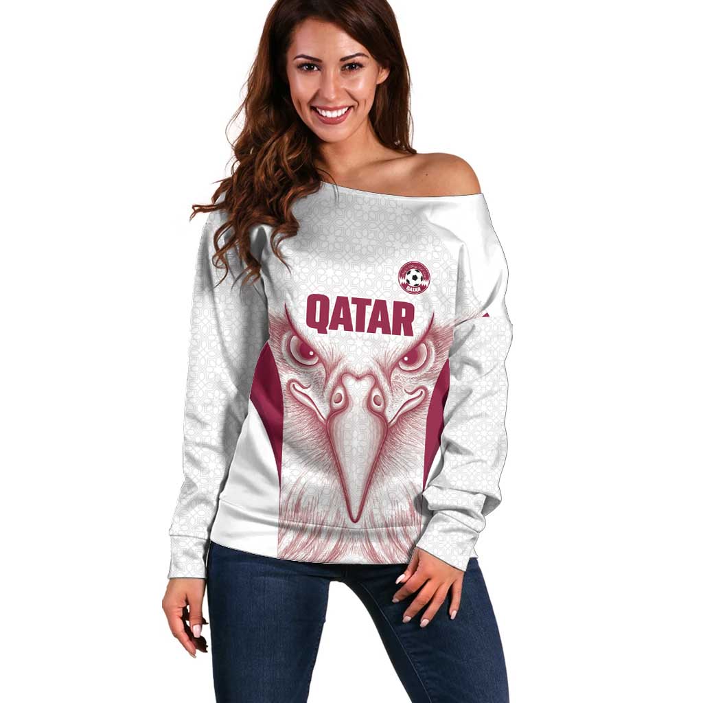 Custom Qatar Football Off Shoulder Sweater Maroon Falcon Spirit White Version - Wonder Print Shop