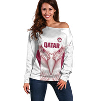 Custom Qatar Football Off Shoulder Sweater Maroon Falcon Spirit White Version - Wonder Print Shop