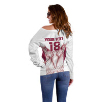 Custom Qatar Football Off Shoulder Sweater Maroon Falcon Spirit White Version - Wonder Print Shop