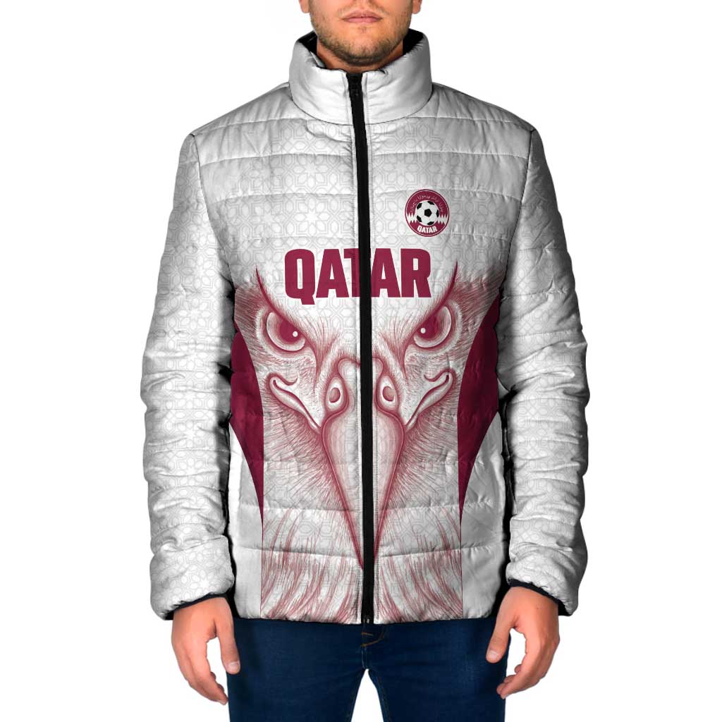 Custom Qatar Football Padded Jacket Maroon Falcon Spirit White Version - Wonder Print Shop