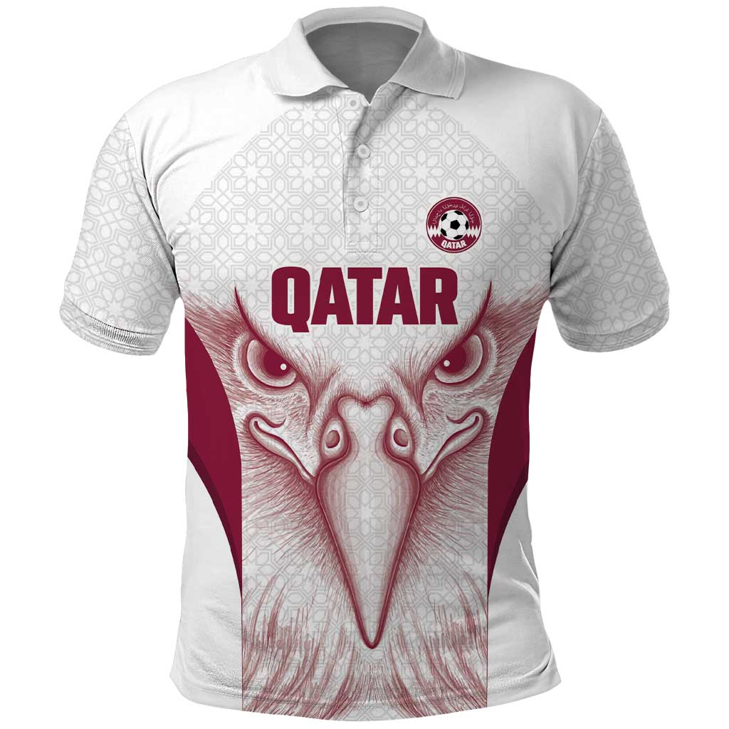 Custom Qatar Football Polo Shirt Maroon Falcon Spirit White Version - Wonder Print Shop