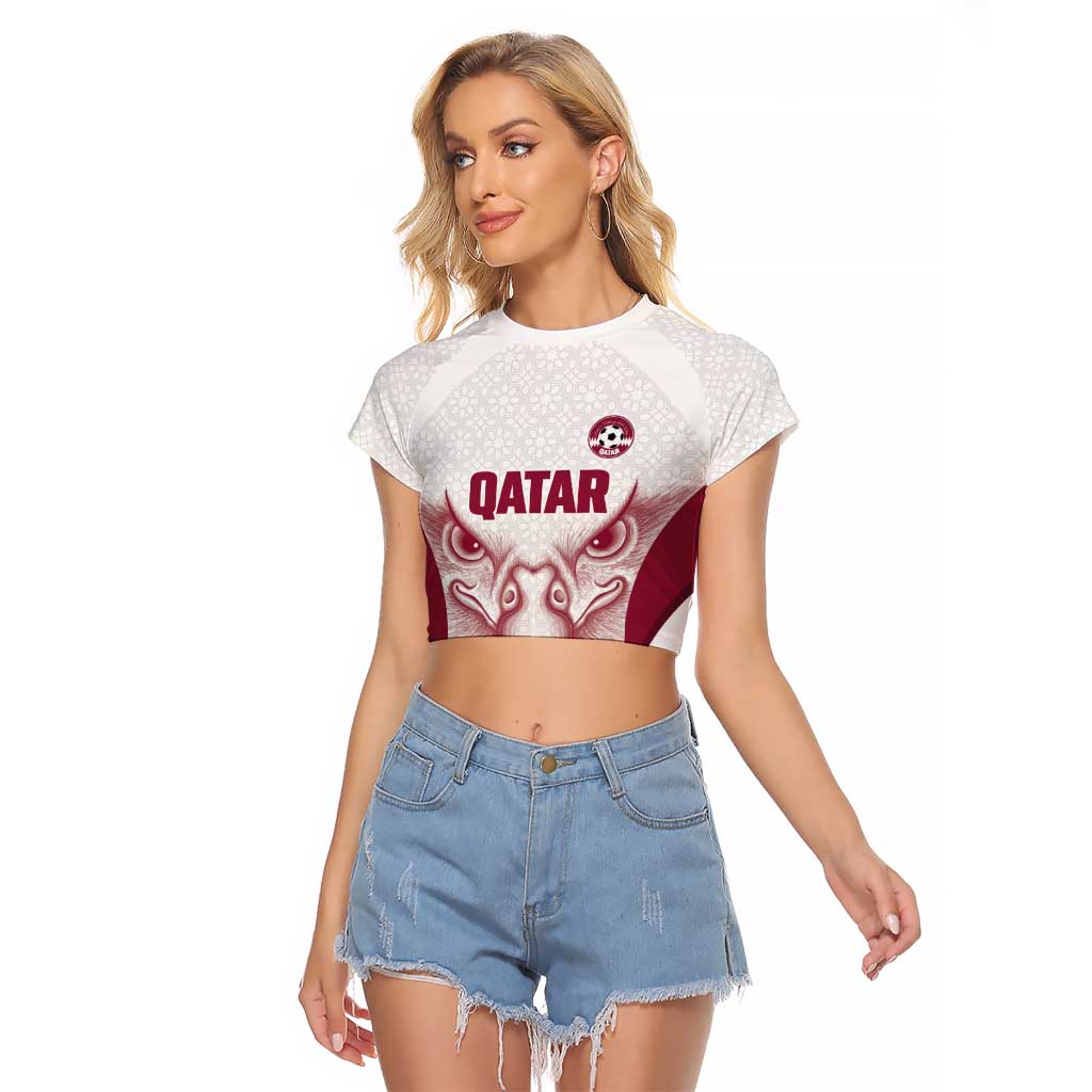 Custom Qatar Football Raglan Cropped T Shirt Maroon Falcon Spirit White Version - Wonder Print Shop