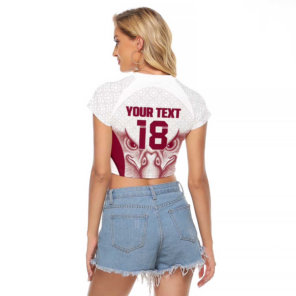 Custom Qatar Football Raglan Cropped T Shirt Maroon Falcon Spirit White Version - Wonder Print Shop