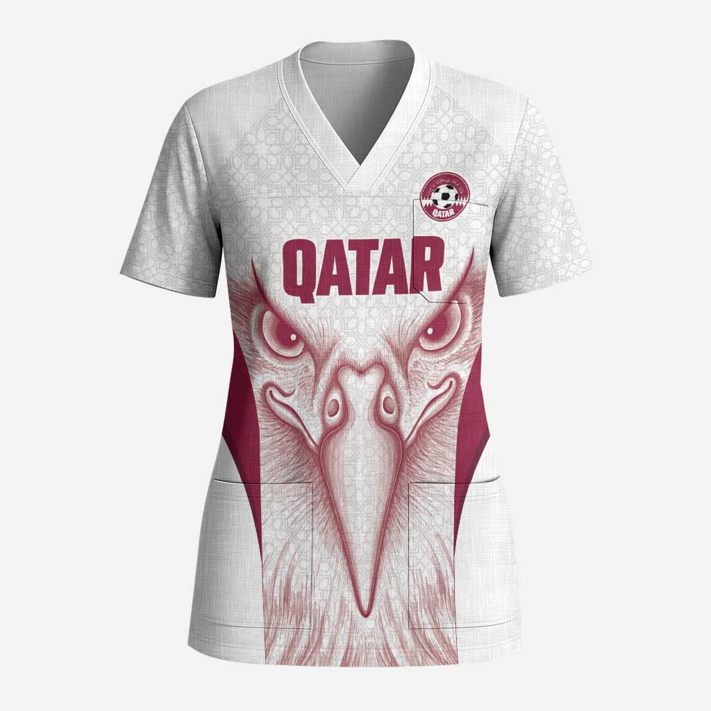 Custom Qatar Football Scrub Top Maroon Falcon Spirit White Version - Wonder Print Shop