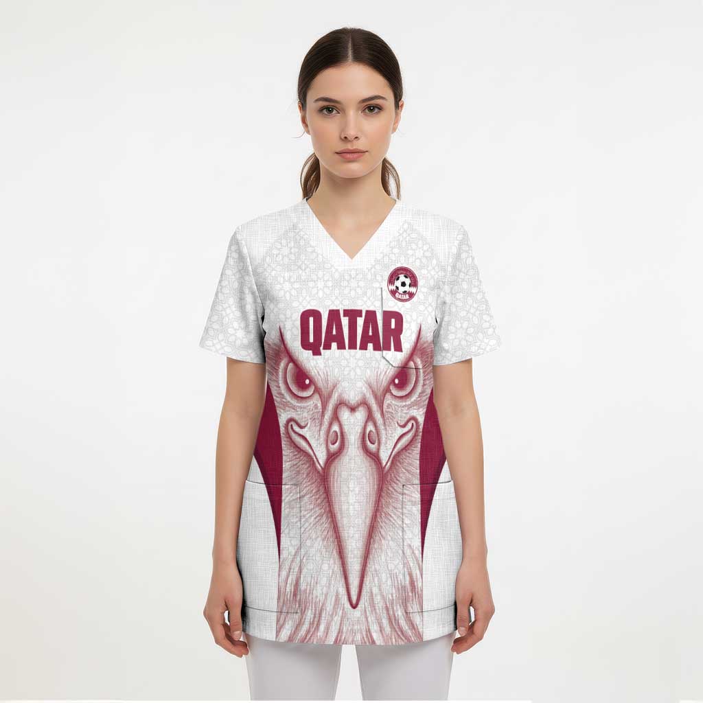 Custom Qatar Football Scrub Top Maroon Falcon Spirit White Version - Wonder Print Shop