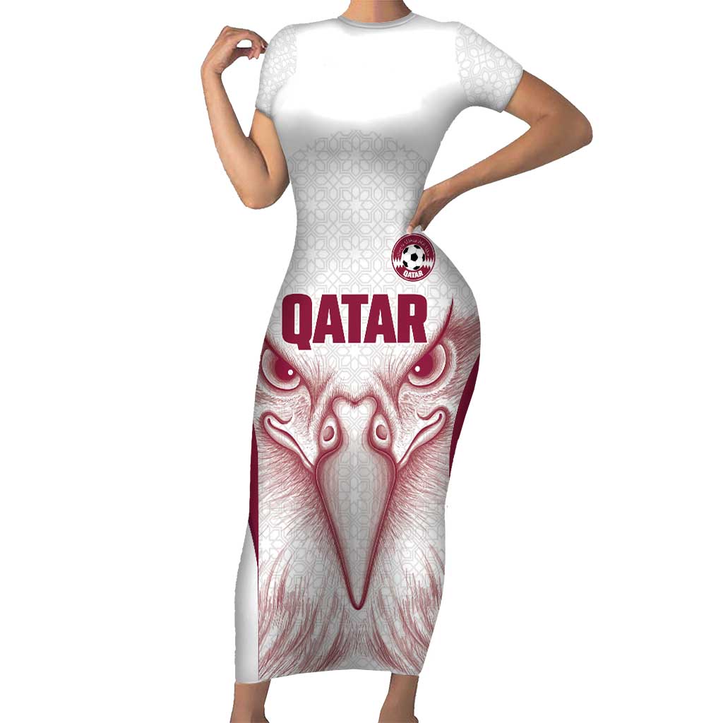 Custom Qatar Football Short Sleeve Bodycon Dress Maroon Falcon Spirit White Version - Wonder Print Shop